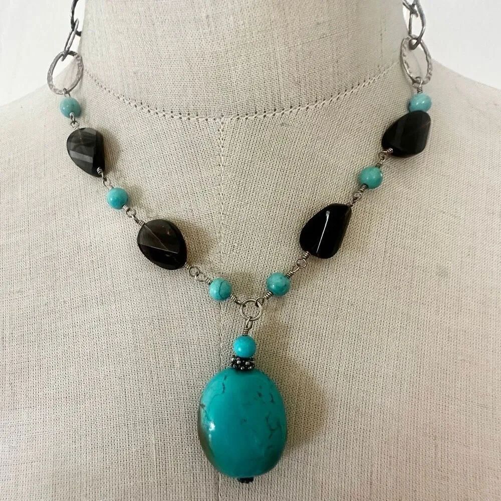 Sterling Silver Turquoise & Smoky Quartz Statement Necklace